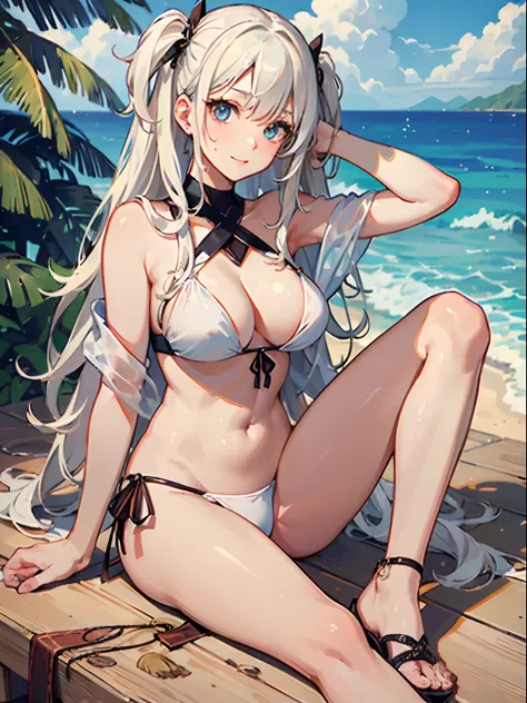 ((Best Quality)), (Ultra-detailed), ((Extremely detailed)), (Beautiful), ((Kawaii Girl)),(two side up hair).,Platinum Blonde Hair,Long hair, hair between eye, Wavy Hair, Long sideburns,Jade-colored eyes, White skin,Normal Chest,Slender body,Cross Halter Bi...