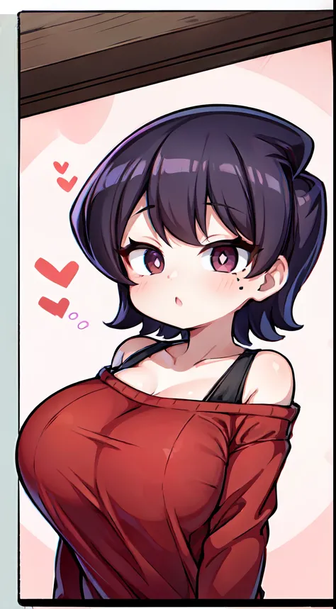 Komi Shuuko,（A white border around a red rectangular background：2.5），Back view，multi view，Look up at the perspective，low head，ahegao face，D-cups，whitesweater，High detail,Moles under eyes, Heart-shaped pupils，Love pupils，cropped shoulders，Lots of hearts，Fle...