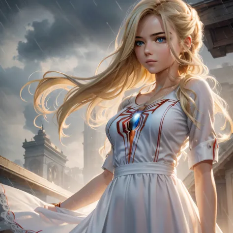 18 Yo girl, White Spider-Man dress, with long coiled hair， Blonde, Beautiful face, rain, Roof, Masterpiece, intricately details, Perfect anatomy, Facial and body details.