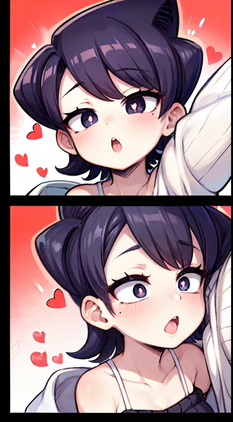 Komi Shuuko,（A white border around a red rectangular background：2.5），head looking up，ahegao face，D-cups，whitesweater，High detail,Moles under eyes, Heart-shaped pupils，Love pupils，cropped shoulders，Lots of hearts，Fleshy thighs,highly rendered，detailed face ...