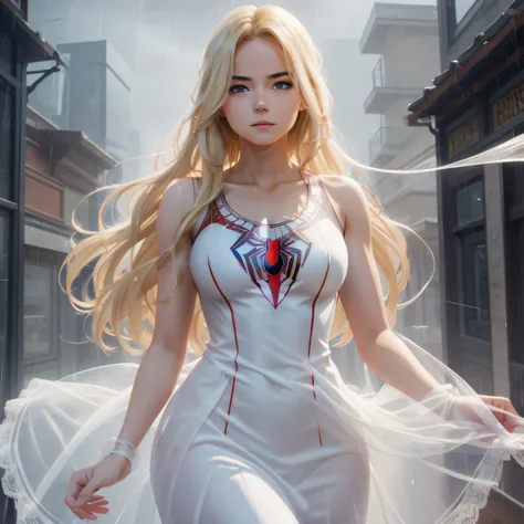 18 Yo girl, White Spider-Man dress, with long coiled hair， Blonde, Beautiful face, rain, Roof, Masterpiece, intricately details, Perfect anatomy, Facial and body details.