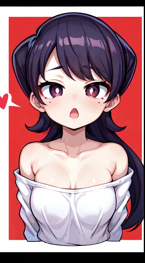 Komi Shuuko,（A white border around a red rectangular background：2.5），head looking up，Back view，ahegao face，D-cups，whitesweater，High detail,Moles under eyes, Heart-shaped pupils，Love pupils，cropped shoulders，Lots of hearts，Fleshy thighs,highly rendered，deta...