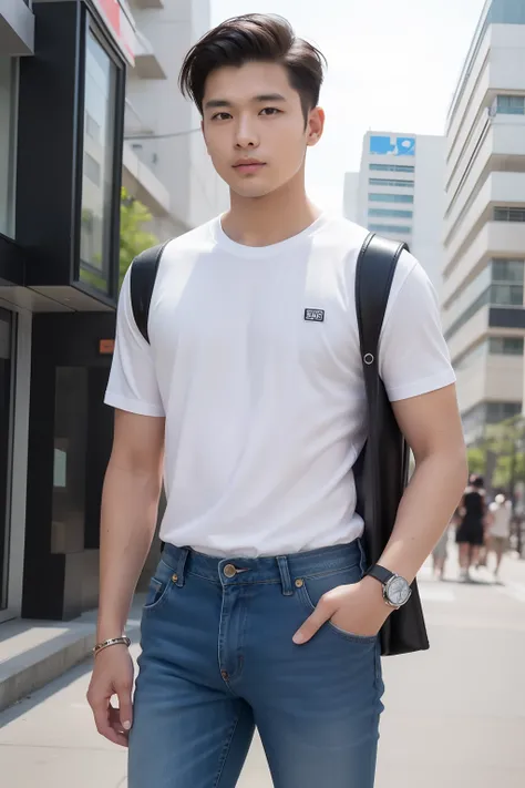 Businessman in spring and summer street style。For casual zarab leather、Pair with a simple white Uniqlo T-shirt。Levis slim-fit jeans for a relaxed yet professional look。zora々Nike sneakers for added flavor。The overall appearance is、Leather bracelet combined ...