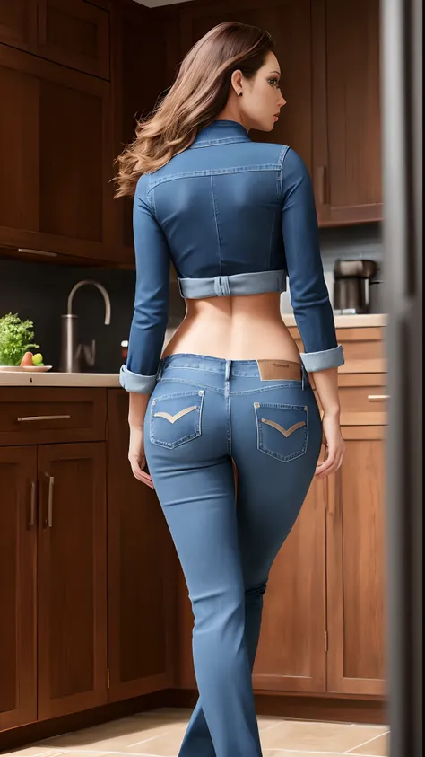 araffed woman in jeans standing in a kitchen with a wooden cabinet, tight denim jeans, blue jeans, brown hair and a perfect body, toned derriere, wearing jeans, waist - shot, jeans, photo of slim girl model, blue jeans. unreal 5, her back is to us, backvie...