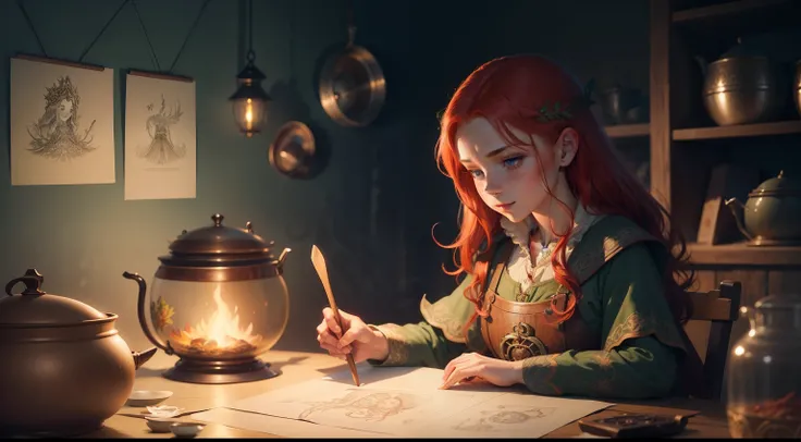 Redhead, freckles, pinup, fantasy, Slavic folklore, concept art Miyazaki, Ghibli, Brian Froud, Kraola, Dan Mumford, Andy Kehoe, 2d, detailed portrait of a beautiful herbalist girl who cooks a potion in a pot, kitchen interior, close-up, bright large pot of...