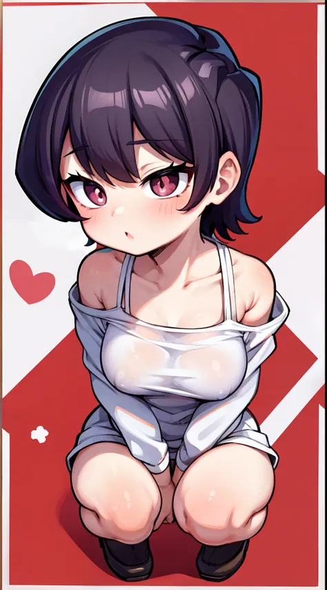 Komi Shuuko,（A white border around a red rectangular background：2.5），head looking up，Back view，Squats，Expose the back，ahegao face，D-cups，whitesweater，High detail,Moles under eyes, Heart-shaped pupils，Love pupils，cropped shoulders，Lots of hearts，Fleshy thig...