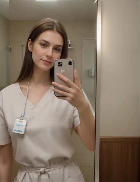 A Realistic Portrait of a tall scandinavian girl with brown eyes, ((Dark Brown Hair style)), 20 years old, Beautiful, detailed face, detailed eyes, (realistic skin:1.3), (pale skin:1.1), (textured skin:1.3), ((wearing nurse’s scrubs)), smile, ((mirror self...