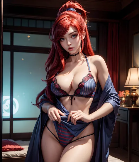 1girl, sexy, sensual girl, (overwatch), big breasts, eyelashes, eyeshadow, long red hair, overwatch, solo, striped, wearing transparent blue lingerie light, kimono, beautiful, ((masterpiece)), perfect eyes