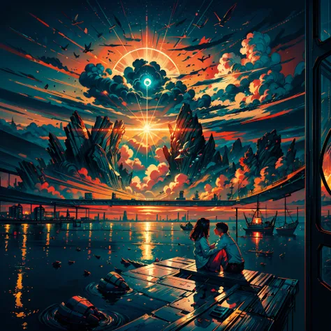 Two people sitting by the sea  ,Sunset & Cloud infographic with illustration, by Victo  Ngai, kilian eng vibrant colours, Dynamic lighting, Digital art, an award winning masterpiece, Incrediblely beautiful, illustration, The aesthetic is inspired by Beksin...