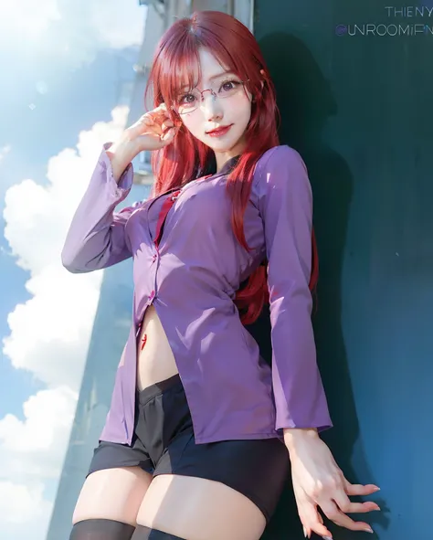 1girl, uzumaki karin, long hair, sexy dress, red hair, red eyes, smile, beautiful, purple clothes, very big breast, sexy clothes, wearing glasses, outdoor background, ultra detail, realistic