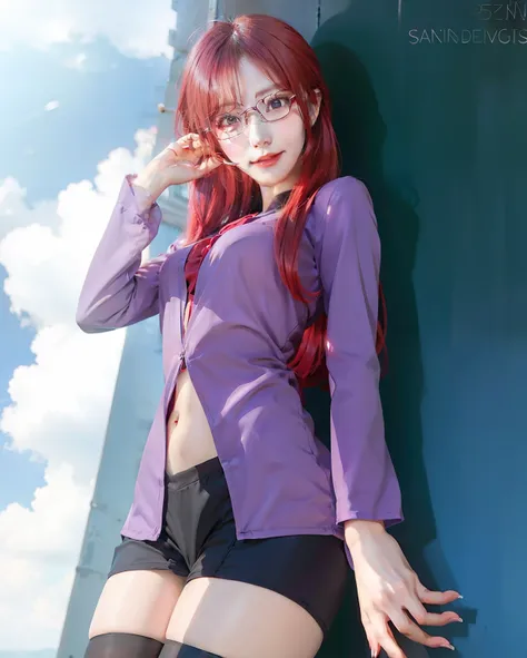 1girl, uzumaki karin, long hair, sexy dress, red hair, red eyes, smile, beautiful, purple clothes, very big breast, sexy clothes, wearing glasses, outdoor background, ultra detail, realistic