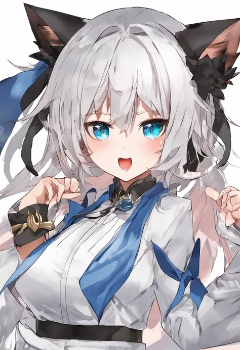 Girl vs、tchibi、((Best quality, High_Resolution, distinct_image)),(Black hair), (Black cat ears), (ahoge), (absurdly short hair), (Wavy hair), (Blue eyes),、Screaming angrily on the face。mideum breasts、piece sign