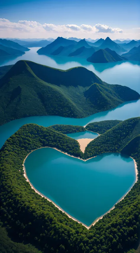 Aerial view of a heart-shaped lake in the middle of the mountains, video, beautiful composition 3 - d 4 k, stream of love and happiness, nature documentry footage, still from nature documentary, author：Tadashi Nakayama, nature in all its beauty, still from...