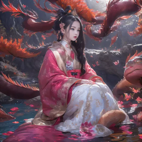 32K（tmasterpiece，k hd，hyper HD，32K），Long flowing black hair，Autumn pond ，Blue and white python protector （realisticlying：1.4），Carp pattern red robe，Purple-pink tiara，Petals flutter，The background is pure，Hold your head high，Be proud，The nostrils look at pe...