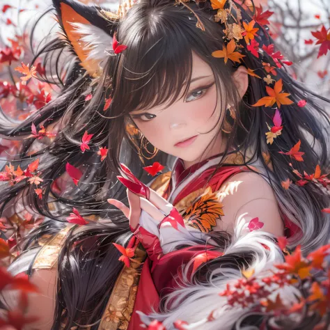 32K（tmasterpiece，k hd，hyper HD，32K）Realistic young gravure idol，Long flowing black hair，Autumn pond ，Red and white nine-tailed fox protector （realisticlying：1.4），Carp pattern red robe，Purple-pink tiara，Petals flutter，The background is pure，Hold your head h...