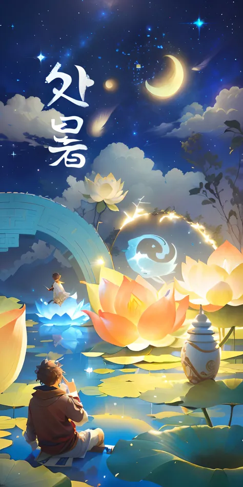 A boy sits on a lotus，looking at the stars，The background is a starry sky and clouds，中景 the scene is，4K， Mobile game art, Official artwork, By Li Song, concept art magical highlight, official fanart, background artwork, author：Shitao, !dream concept art, O...