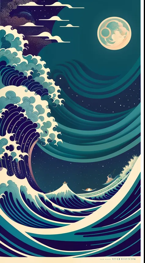 waves at night big moon, victo ngai style, botticelli and victo ngai, victo ngai! muted colors, inspired by Victo Ngai, victo ngai and tristan eaton, by Victo Ngai, james jean and victo ngai, ( ( victo ngai ) )