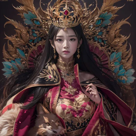 32K（tmasterpiece，k hd，hyper HD，32K）Realistic young gravure idol，Long flowing black hair，autumnal，Gold and Jewelry District，Female king size bed ，Mantis protector （realisticlying：1.4），Burgundy robe with a flame motif，Purple-pink tiara，Petals flutter，The bac...