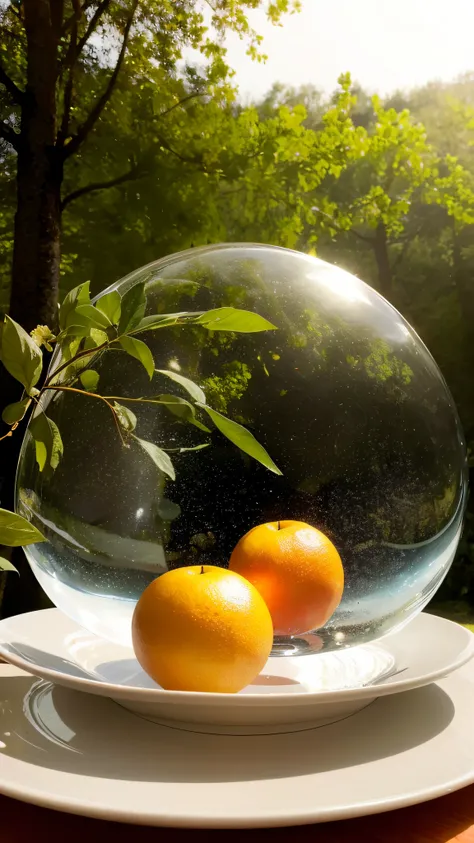 On a dinner plate，There is a transparent hoverball，There is a lot of fruit in the ball，Technologie，levitating，lavoura，the fruits，the woods，Small world，Abundance，HighestQuali，artistic photograph，professional fruit photography，water melon