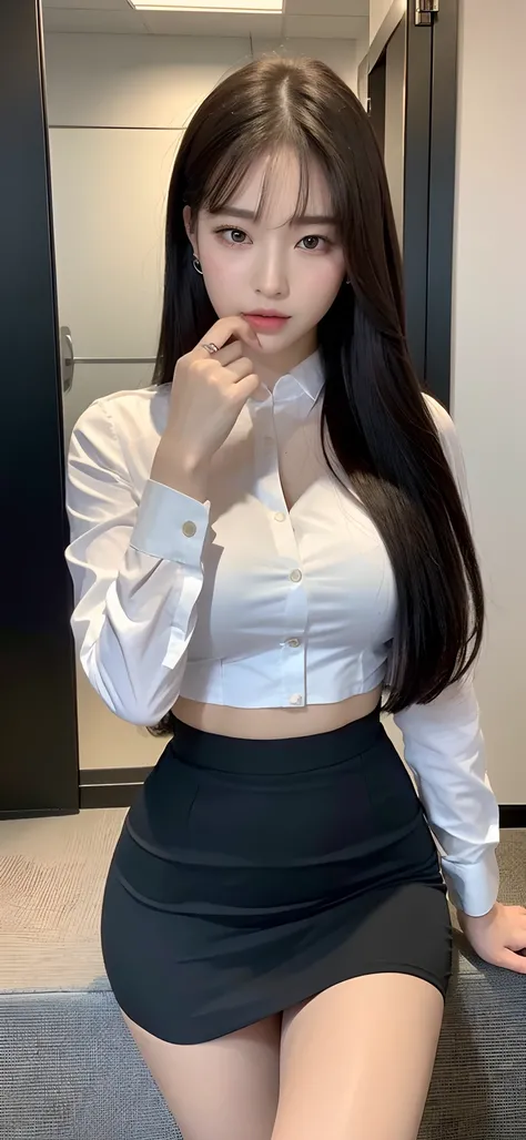 (Best Quality, 8K, Masterpiece, Ultra HD: 1.3), (K-Pop Idol: 1.6), 1 sexy Girl, (Big: 1.2), (Long Hair), Abs, Perfect Figure, Ultra Fine Face, Delicate Lips, Beautiful Eyes, Double Eyelids, Super fine hands, Super fine finger, office wear, white shirt, Sho...