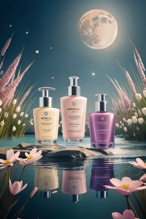 Cosmetics products commercial advertising，merging in water surround by spring flowers on the moon light，Morandi Tones，clear backgroun