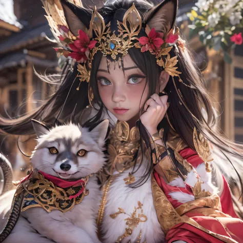 32K（tmasterpiece，k hd，hyper HD，32K）Realistic young gravure idol，Long flowing black hair，The gold and jewelry district of the back house，Female king size bed ，Red and white nine-tailed fox protector （realisticlying：1.4），Python pattern red robe，Purple-pink t...