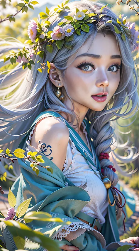 blue-sky，baiyun，filigree，Characters account for 20%，photorealestic，long and flowing hair，Long legs，long  skirt，Sway with the wind，heads of mountains，lavanda fields，The wind blows and the hair swings，Real Human，liberta，enthusiasm，having fun，run，rays of suns...