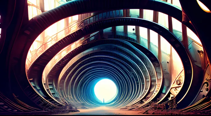 alien worlds，Inside the machine spiral tunnel，Spinal structure，The line is circling，There is no end，fog atmosphere，Super rich detail，Extreme realism，Decadence landscape，decrepit，Old photos，Retro，Blurred edges