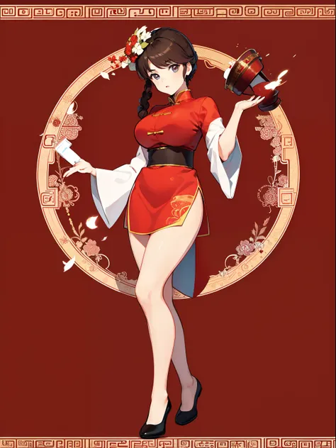 （tmasterpiece，top quority，best qualtiy，offcial art，beauty and aesthetics：1.2）female brunette chinese red and white cheongsam fro...