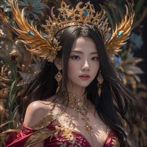 32K（tmasterpiece，k hd，hyper HD，32K）Realistic young gravure idol，Long flowing black hair，Gold-scattered jewelry area in the back room，Female king ，Mantis Protector （realisticlying：1.4），Red robe with flame pattern，Purple-pink tiara，The petals flutter，The bac...