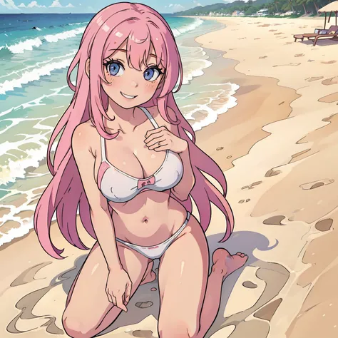 one girls、Pink hair、nsfw, swim wears、white school swim suit、Mare、beach、Kneeling、large full breasts、Dazzling smile、Beautiful eyes、perfect bodies、cute girl,