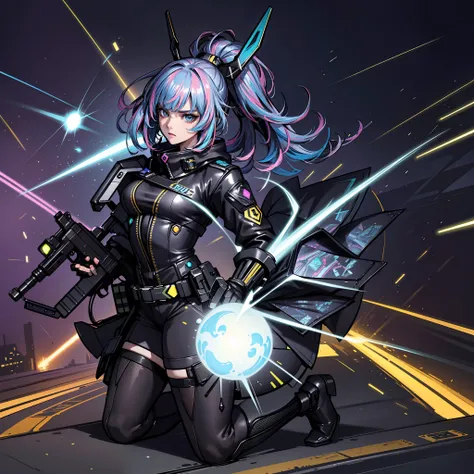 (cyber punk perssonage),Optical camouflage、rifle、Neon light、a steampunk city、Jumpsuit、(1lady, Solo:1.6),(Dignified Expression),(Camouflage Ranger set), (Best Impact:1.5), (Maximalism:1.7), Vivid Contrast, (Realistic), hyper-realistic illustration, A high r...