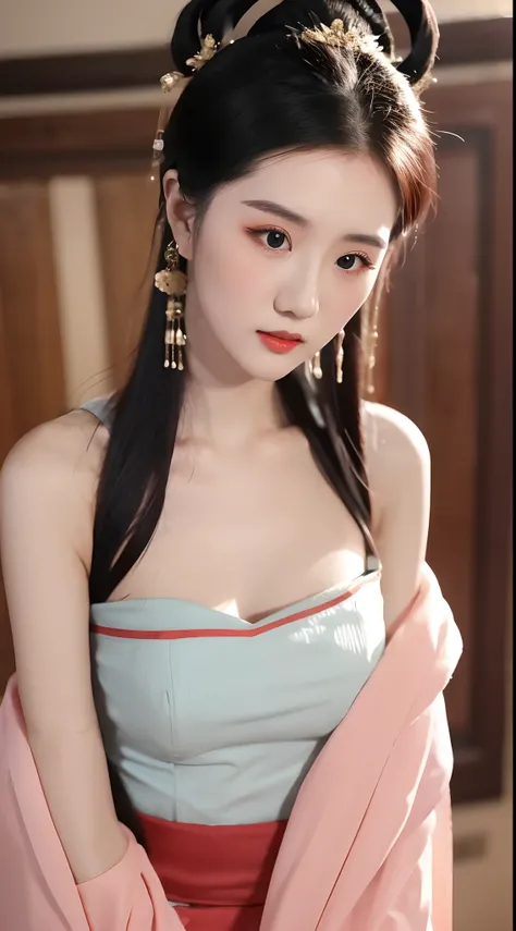 1 realistically beautiful girl, waist length hair, black eyes, ancient ao dai, style hanfu, wearing a thin silk shirt of ancient...