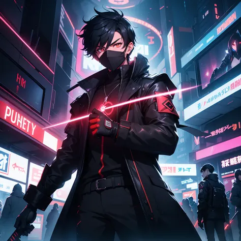 One teenage boy with short black hair, sporting a mysterious full face black mask with gleaming orange eyes that covers his entire face, dressed in a striking red shirt and a long black coat, skillfully wielding a pair of dual long swords—one gleaming in v...