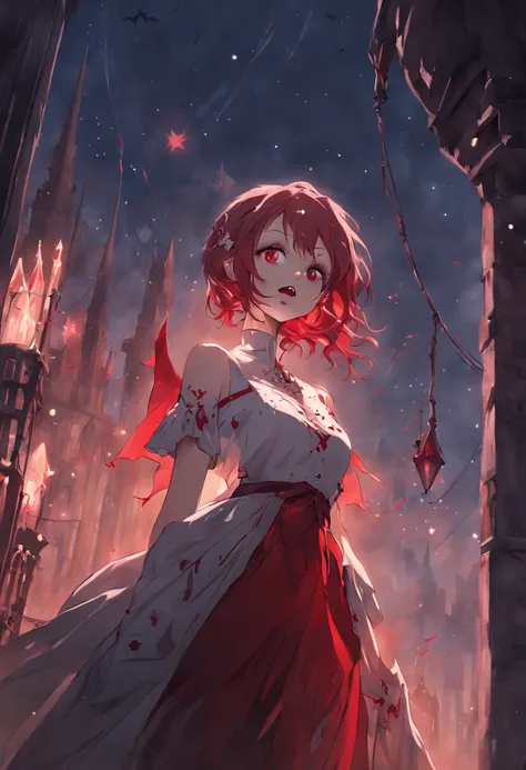 A delicate and beautiful picture of a female vampire standing on the porch of a castle under the stars, （Wearing a white dress stained with blood：1.9），take up close, Dynamic angle super delicate face, and there is blood on the corners of your mouth，Hyper-f...