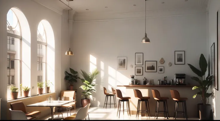 fashionable cafe,Sunlight,coffee,moderno,White walls of plaster,inside in room