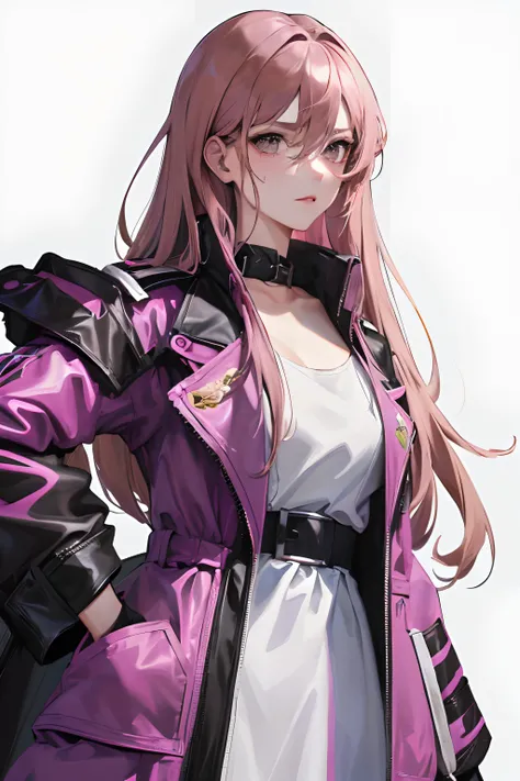 (highest resolution, distinct_image) Best quality, a females masterpiece, highly detailed, semi realistic,(most of body),pink long hair, bangs, 18 years old, young,black fitting,Pinkish-purple flight suit,Stand collar shirt,Sharp Face,(brown Eyes, Hair Bet...