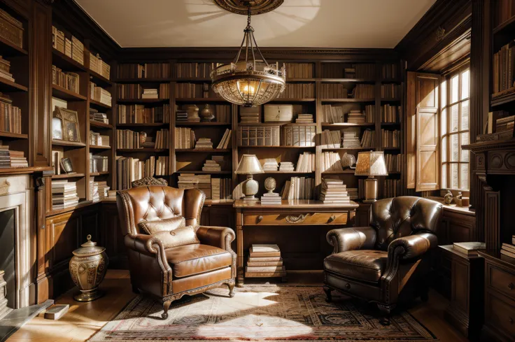 "Inside a meticulously furnished old study, with a classical design aesthetic, a cluttered desk adorned with various objects, a comfortable leather armchair beckoning you to sit, a towering bookshelf brimming with books, ((an antique planisphere prominentl...