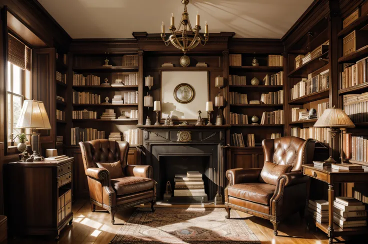 "Inside a meticulously furnished old study, with a classical design aesthetic, a cluttered desk adorned with various objects, a comfortable leather armchair beckoning you to sit, a towering bookshelf brimming with books, and an antique planisphere prominen...