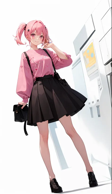 1girl in、A smile、A delightful!　The shirt、skirt by the、Pink hair（small tits）