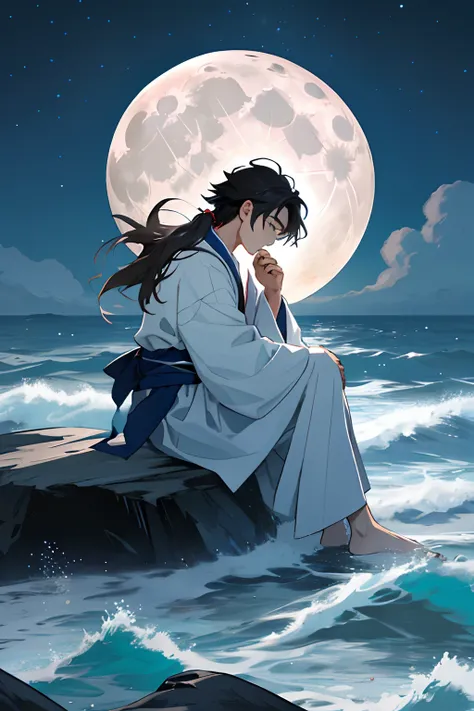 Draw a boy about twelve years old，Sitting on a rock by the sea。He had a flute in his hand，A gentle breeze ruffled his long hair，Blowing the robe on his body。The sea is rough，On the horizon，It was a cold full moon。The boy has a beautiful face，His gaze was f...