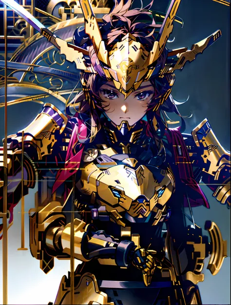 Masterpiece, Best quality, Sword equips mechs, Golden-black color scheme,Purple-black color scheme, greek god in mecha style, Concept armor, Extremely detailed CG unified 8K wallpaper，female mecha，8K分辨率，Lightweight armor，The armor thickness is very thin