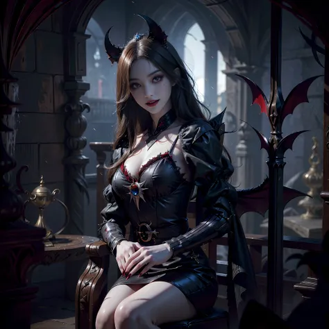 In an old castle，On the throne sits a female vampire with red eyes and a black coat ，Blood-red pupils，Sharp teeth are exposed，No blood-colored skin，Pale face，Sharp red nails，elaborate faces，Red pupils，Moonlight shone through the windows，Bats fly past in th...