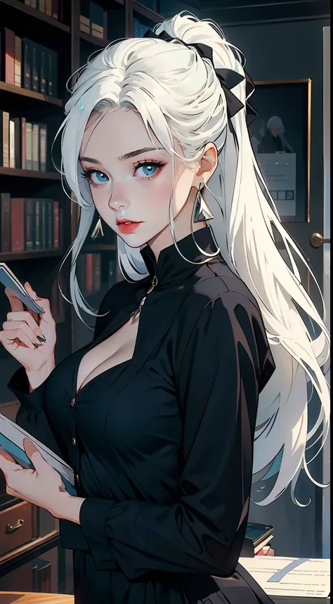 beautiful finger, Book in hand, black dress offices, discreet dress, beautiful eyes and lips, White hair, attorney girl