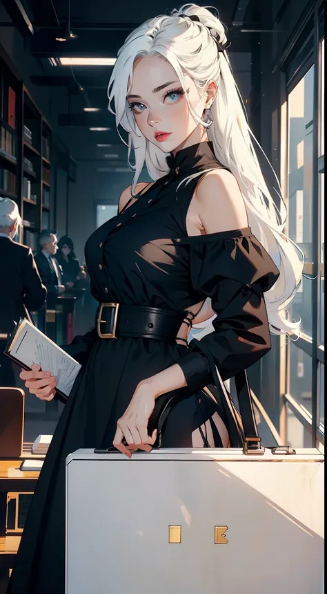 beautiful finger, Book in hand, black dress offices, discreet dress, beautiful eyes and lips, White hair, attorney girl