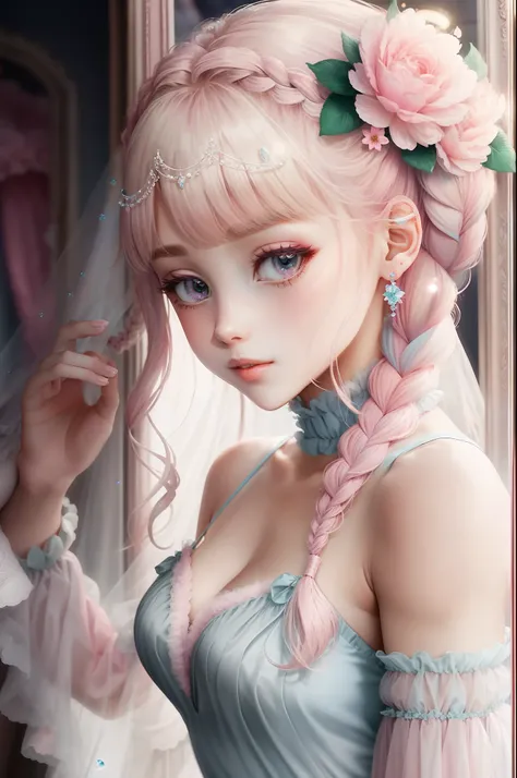 Princess　A Princess　Soft　Best quality in good style(Highest Quality) , High quality(hiquality)　Pink and fluffy dress blonde and soft hair　Braids　corolla　The whole body is reflected A wonderful atmosphere with very delicate tones