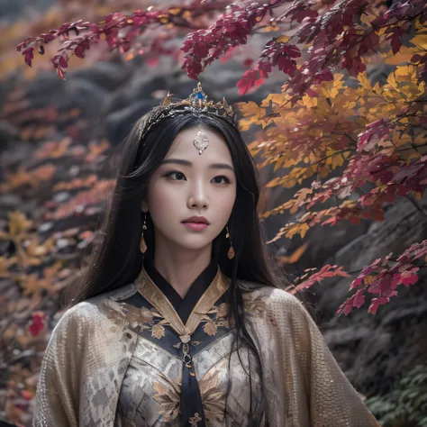 32K（tmasterpiece，k hd，hyper HD，32K）Long flowing black hair，Yellowstone，Xuzhou girl ，Protector of flames（realisticlying：1.4），Python pattern robe，Purple-pink tiara，The leaves flutter，The canyon background is pure，Hold your head high，Be proud，The nostrils loo...