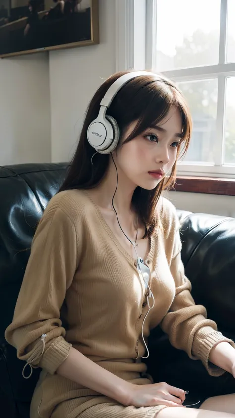 There is a woman sitting on a sofa wearing headphones, a photorealistic painting inspired by Ayami Kojima, Trend of CGsociety, Digital art, realistic art style, with headphone, photorealistic art style, Casual pose, photo-realistic low lighting, photoreali...