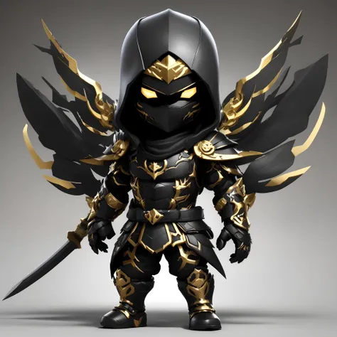 Close-up of a toy with sword and armor, anthropomorphic raven knight, gold obsidian armor, black and golden armor, black and gold armor, Sharp black armor, Dark Souls Armor Concept, heavy gold obsidian armor, Dark Armor, 3 d render official art, 3d renderi...