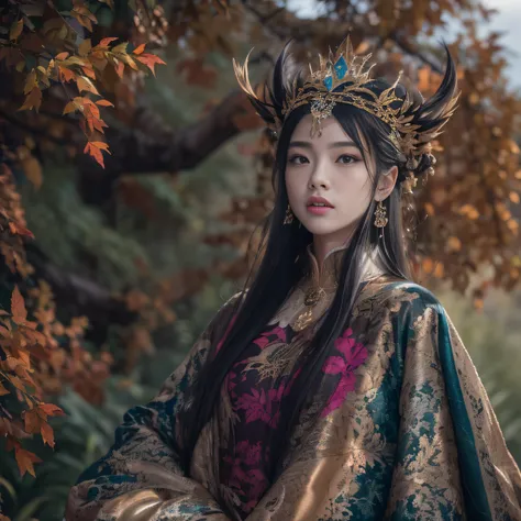 32K（tmasterpiece，k hd，hyper HD，32K）Long flowing black hair，Yellowstone，Xuzhou girl ，Protector of flames（realisticlying：1.4），Python pattern robe，Purple-pink tiara，The leaves flutter，The canyon background is pure，Hold your head high，Be proud，The nostrils loo...